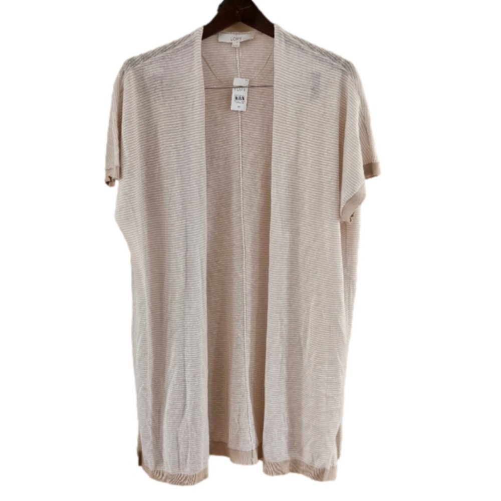 NWT Loft Linen Tan Striped Knit Shory Sleeve Cardigan Duster-Size Medium